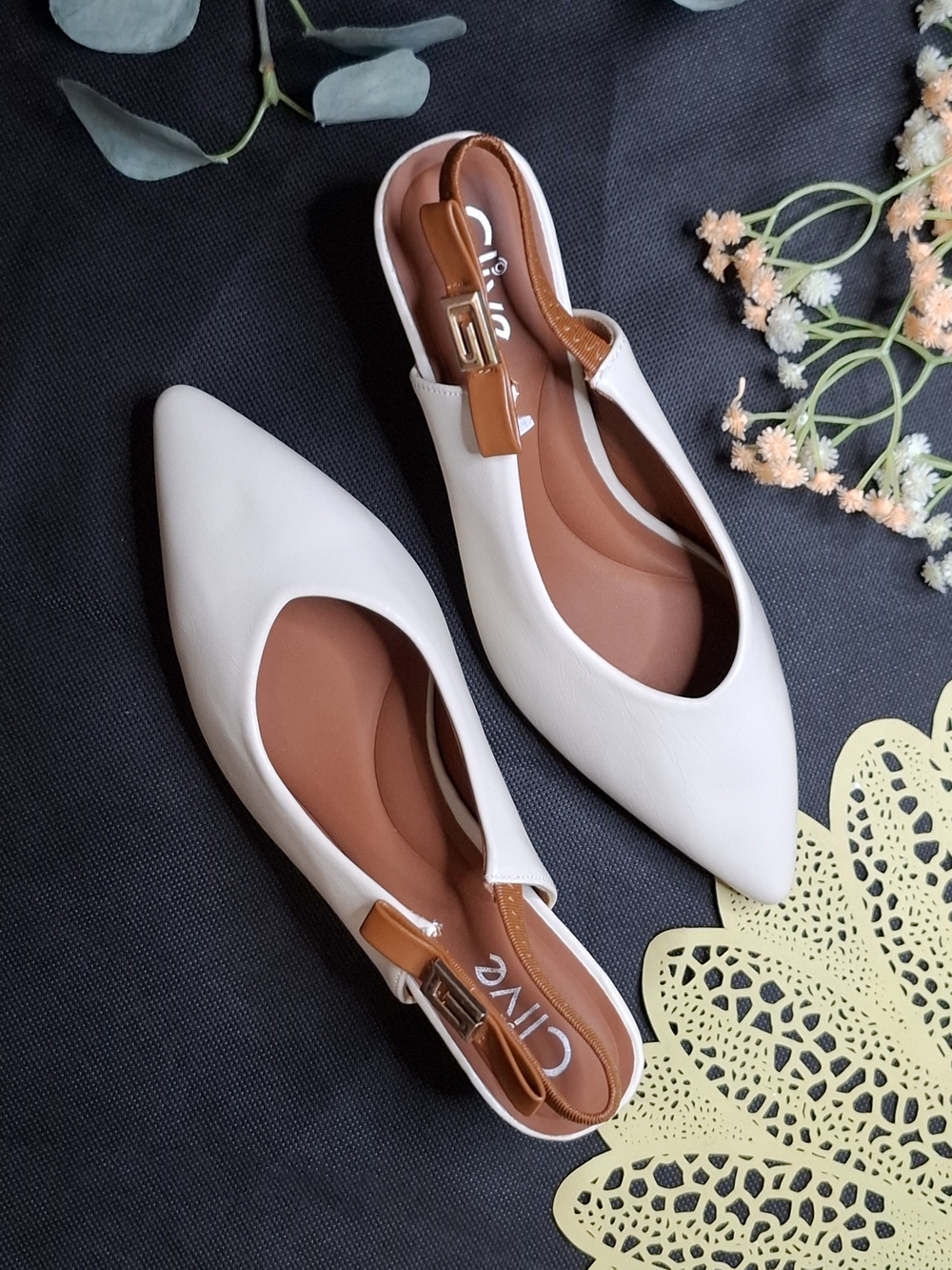 White Pointed Slingback Flats with Tan Accent